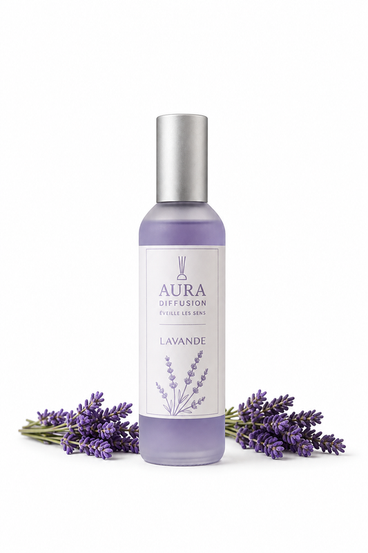 Spray interieur Lavande 100 ml Aura Diffusion avec fleurs de lavande, brume parfumee pour parfumer la maison