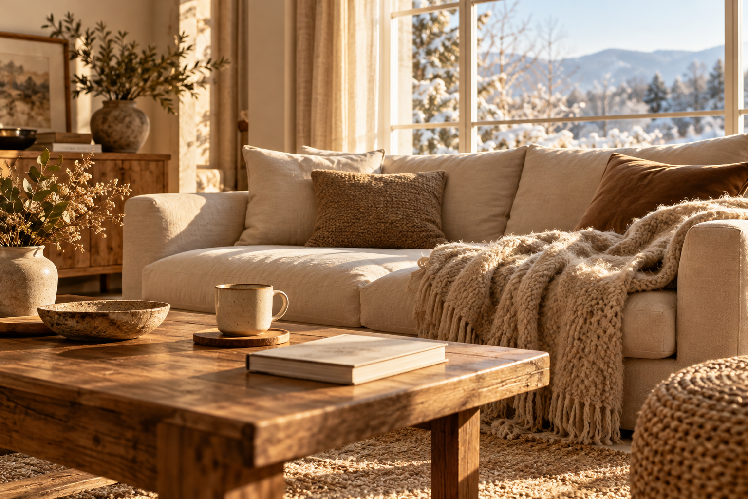 Salon chaleureux en hiver avec canapé beige, plaid en laine et lumière douce