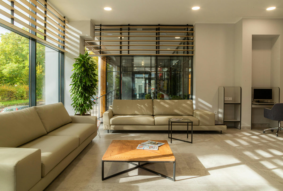 Espace d’accueil professionnel lumineux, avec salon et vue sur un jardin