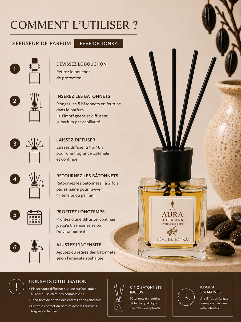 Comment utiliser un diffuseur a batonnets Feve de Tonka 200 ml