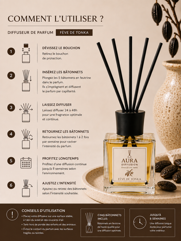 Comment utiliser un diffuseur a batonnets Feve de Tonka 200 ml