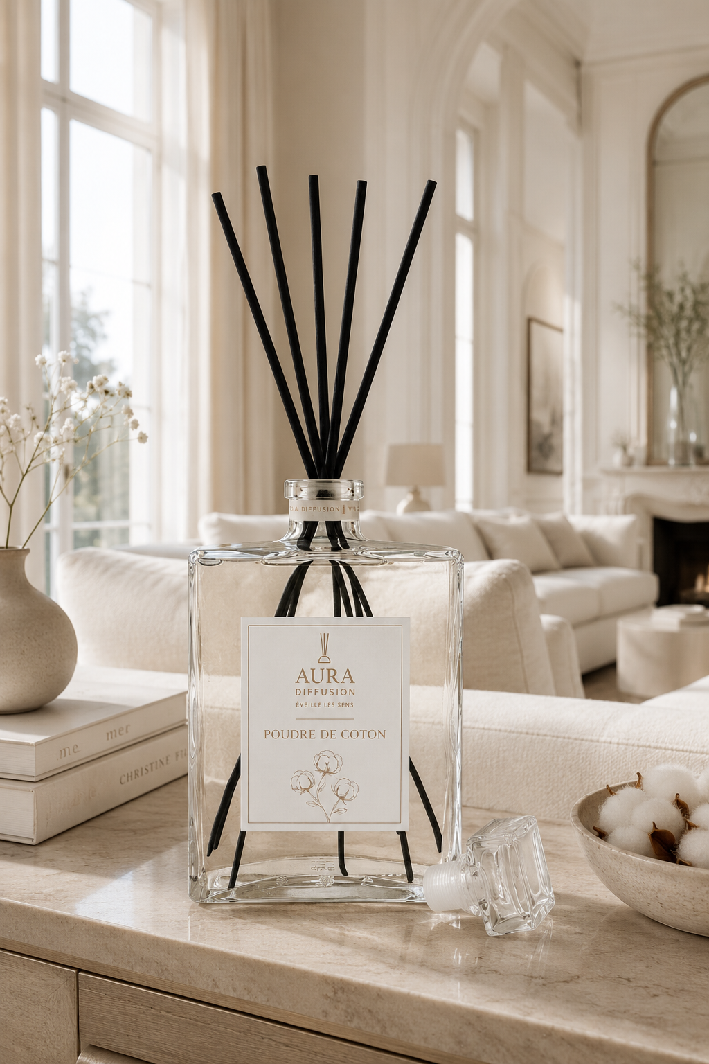 Diffuseur à bâtonnets Poudre de Coton 1L | AURA DIFFUSION