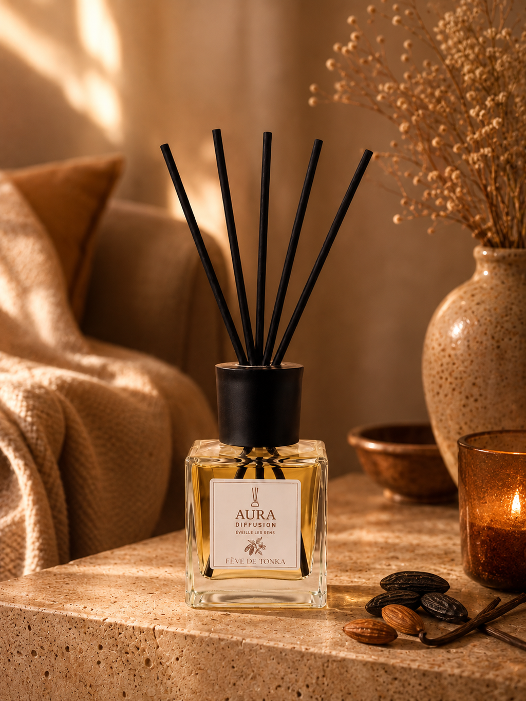 Diffuseur parfum maison Feve de Tonka dans un interieur elegant et chaleureux
