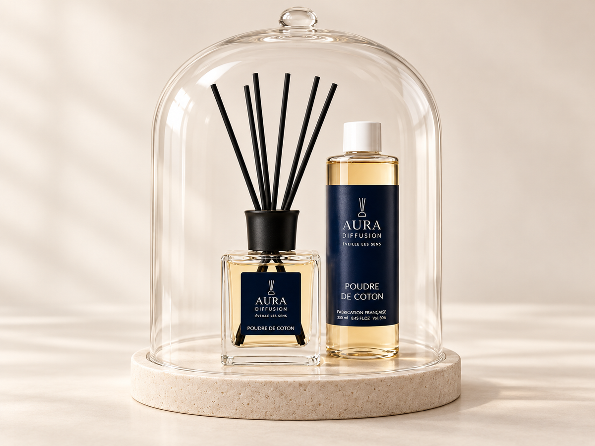 Duo Signature Poudre de Coton Aura Diffusion sous une cloche en verre