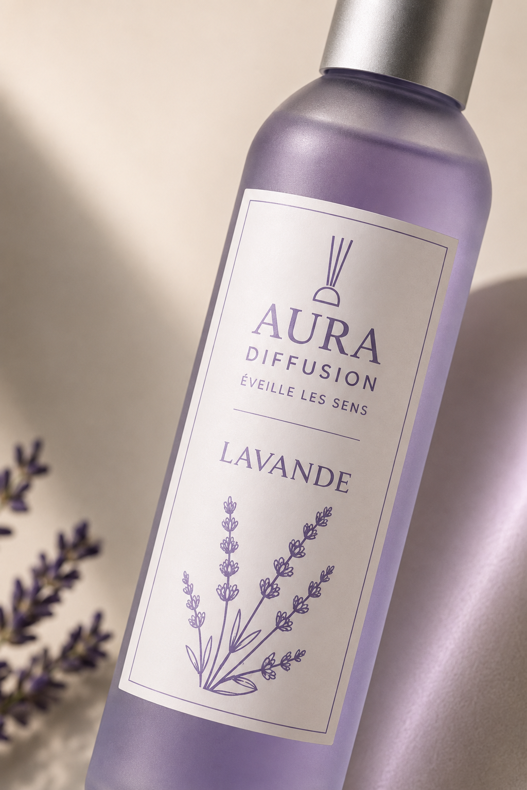 Gros plan du vaporisateur Lavande Aura Diffusion, brume parfumee et parfum interieur pour la maison