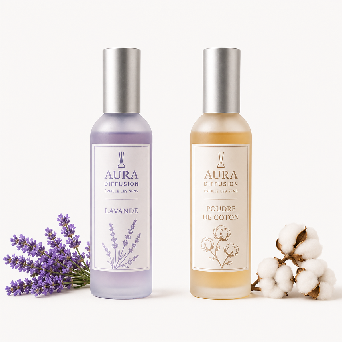 Brumes parfumees Lavande et Poudre de Coton Aura Diffusion, duo de sprays interieur 100 ml pour parfumer la maison