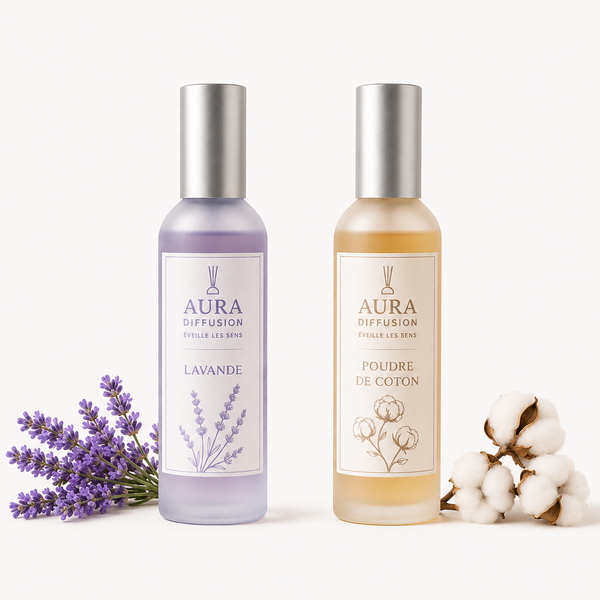 Brumes parfumees Lavande et Poudre de Coton Aura Diffusion, duo de sprays interieur 100 ml pour parfumer la maison