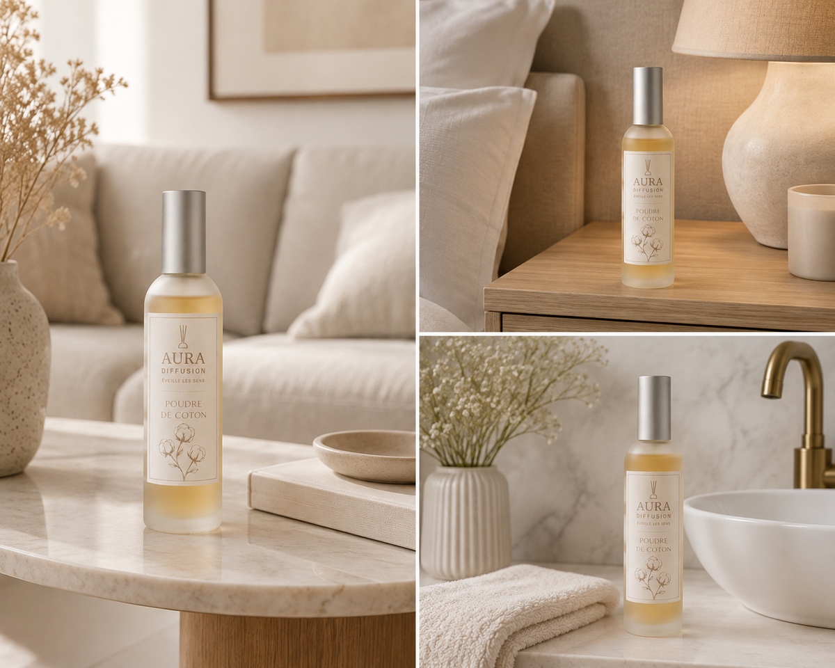 Brume parfumee Poudre de Coton 100 ml pour parfumer les differentes pieces de la maison