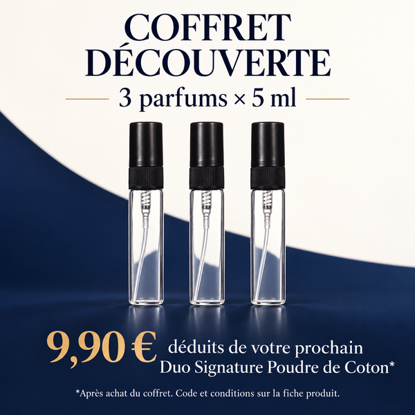 Coffret découverte 3 × 5 ml : 9,90 € déduits du Duo Signature Poudre de Coton après achat, sous conditions