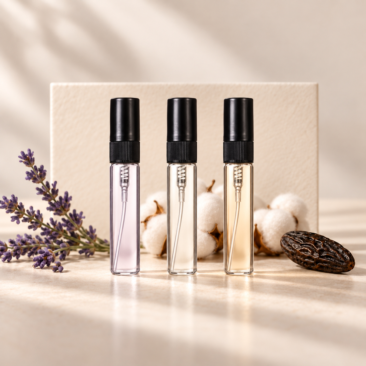 Visuel conceptuel de trois échantillons vaporisateurs de 5 ml au flacon fin et capuchon noir : Lavande, Poudre de Coton et Fève de Tonka