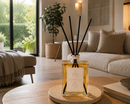 Diffuseur a batonnets 1L Poudre de Coton dans un salon moderne et chaleureux