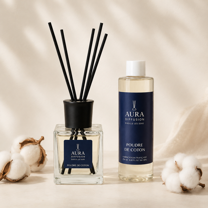 Diffuseur a batonnets Poudre de Coton 200 ml avec recharge 250 ml, parfum interieur et parfum maison Aura Diffusion