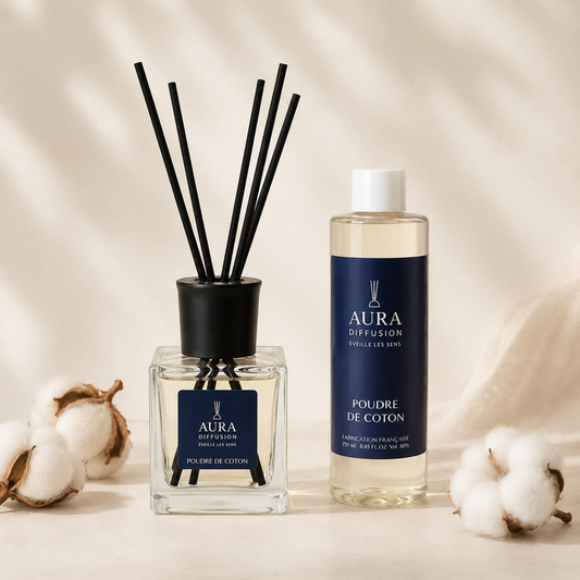 Diffuseur a batonnets Poudre de Coton 200 ml avec recharge 250 ml, parfum interieur et parfum maison Aura Diffusion
