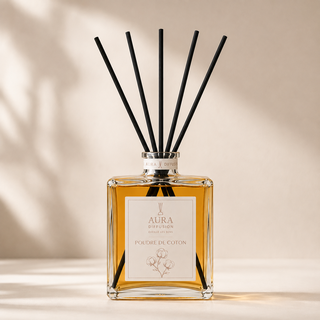 Diffuseur de parfum 1L Poudre de Coton Aura Diffusion avec 5 batonnets noirs