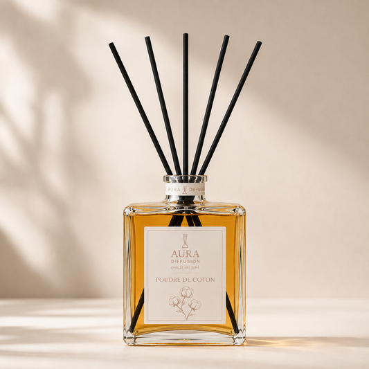 Diffuseur de parfum 1L Poudre de Coton Aura Diffusion avec 5 batonnets noirs
