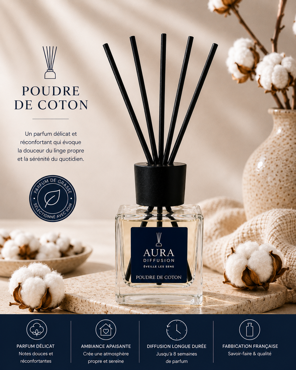 Diffuseur parfum interieur Poudre de Coton 200 ml Aura Diffusion avec batonnets, parfum maison pour salon et chambre