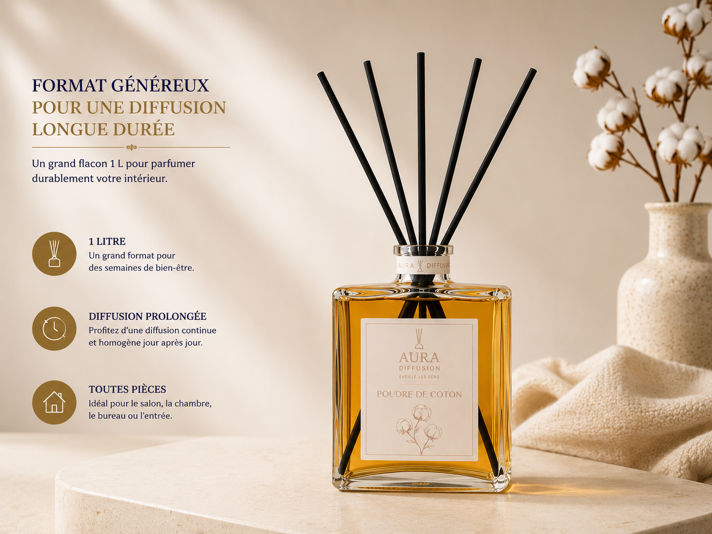 Diffuseur de parfum longue duree 1L Poudre de Coton pour parfumer la maison