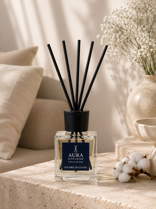 Diffuseur parfum maison Poudre de Coton 200 ml Aura Diffusion, parfum de Grasse avec batonnets pour interieur