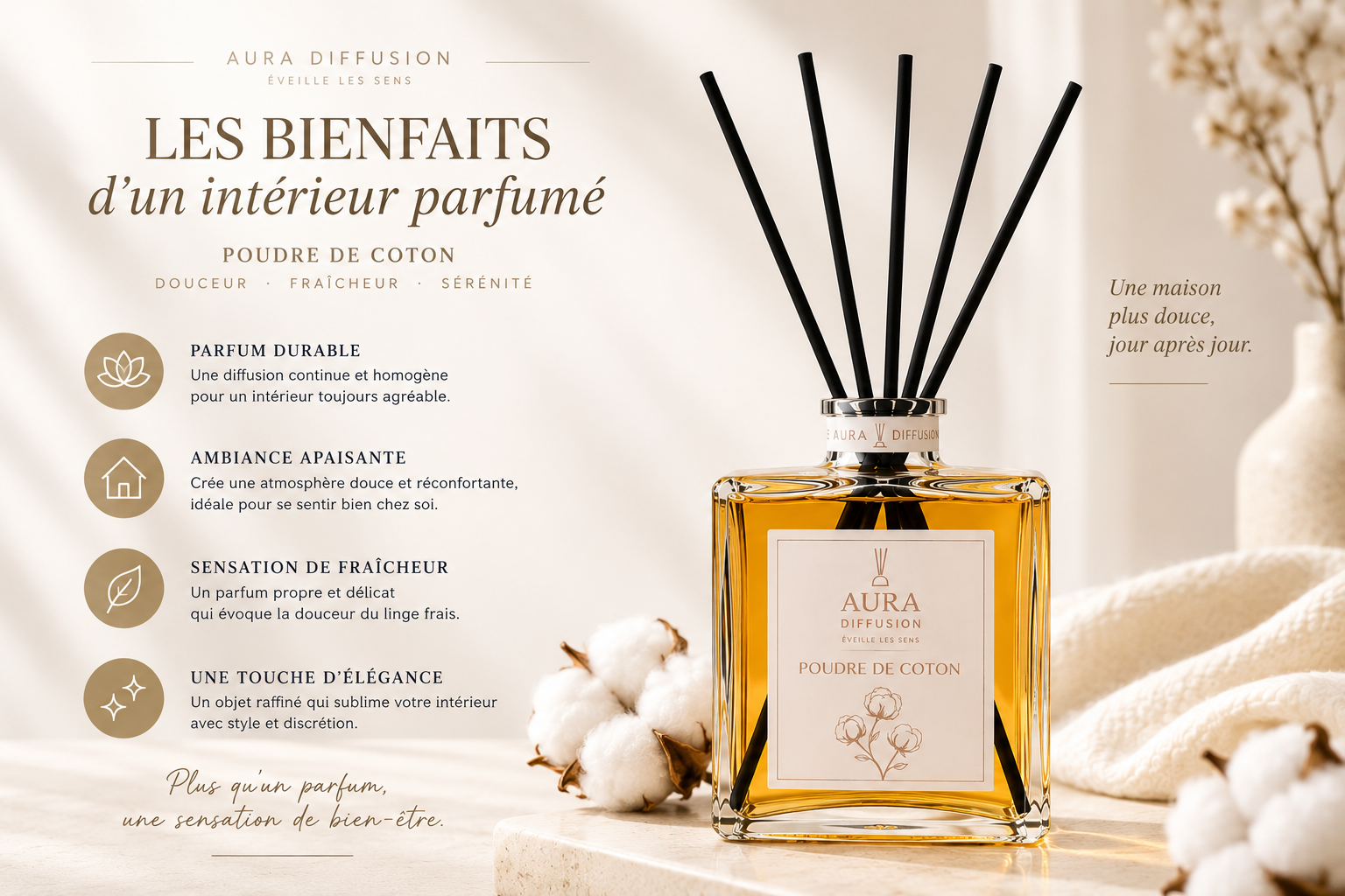 Benefices du diffuseur de parfum maison Poudre de Coton