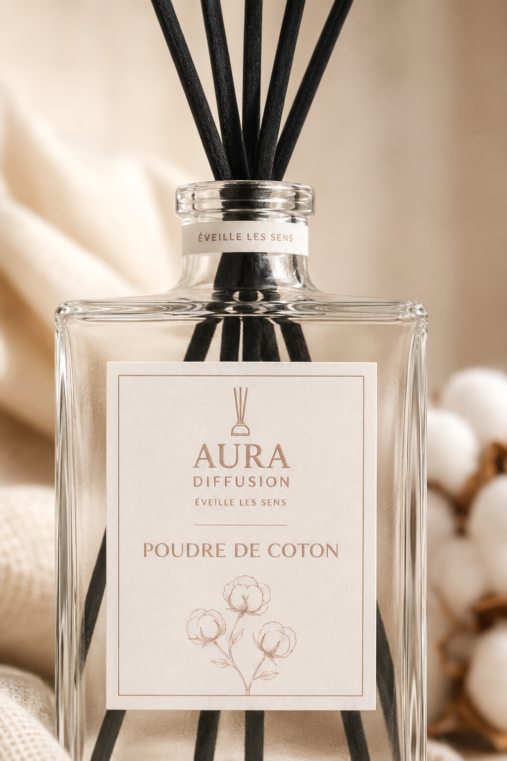 Gros plan du diffuseur de parfum Poudre de Coton 1L