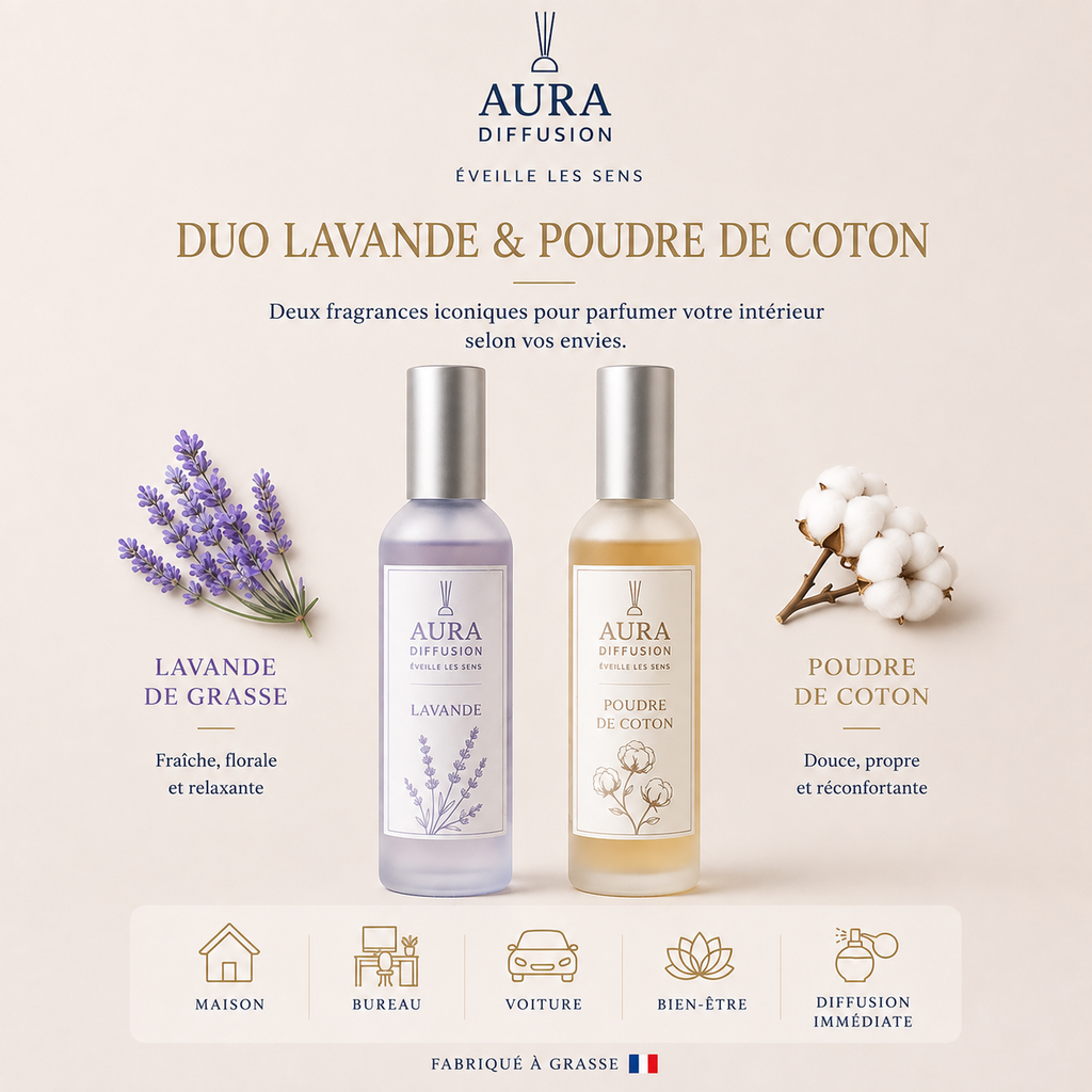 Duo de brumes parfumees Lavande et Poudre de Coton 2 x 100 ml Aura Diffusion pour parfumer les pieces de la maison