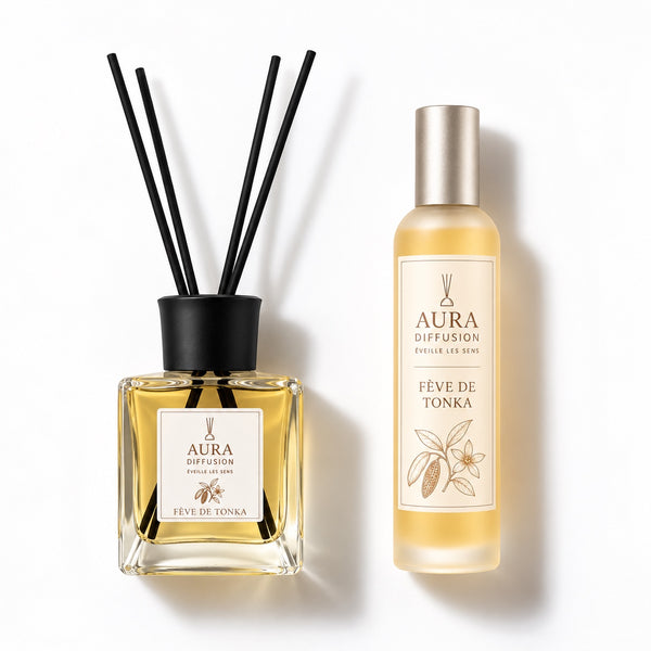 Duo Fève de Tonka avec diffuseur 200 ml et vaporisateur 100 ml sur fond blanc