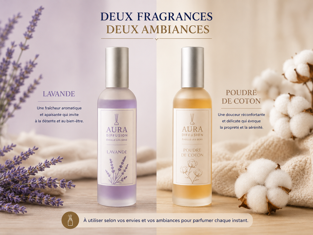 Duo parfum interieur Lavande et Poudre de Coton, deux fragrances en vaporisateur et brume parfumee pour la maison