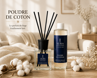 Duo parfum maison Poudre de Coton Aura Diffusion, diffuseur a batonnets 200 ml et recharge parfumee 250 ml