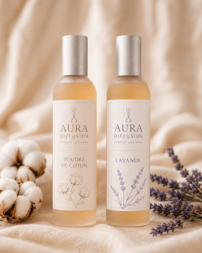 Duo de vaporisateurs Poudre de Coton et Lavande AURA DIFFUSION fabriqués à Grasse