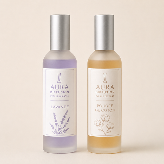 Duo de vaporisateurs interieur Lavande et Poudre de Coton 2 x 100 ml Aura Diffusion, brumes parfumees pour la maison