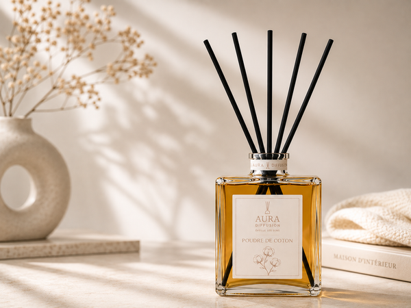 Parfum interieur Poudre de Coton avec diffuseur 1L et batonnets noirs