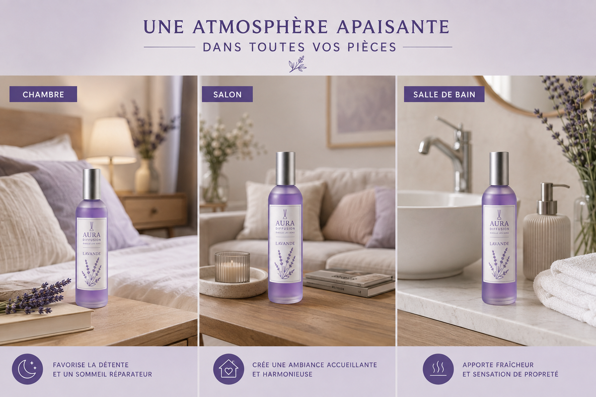 Vaporisateur Lavande 100 ml pour parfumer salon, chambre et salle de bain, spray interieur Aura Diffusion
