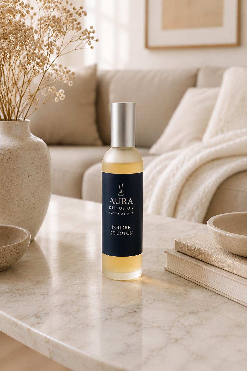 Vaporisateur parfum maison Poudre de Coton dans un salon elegant