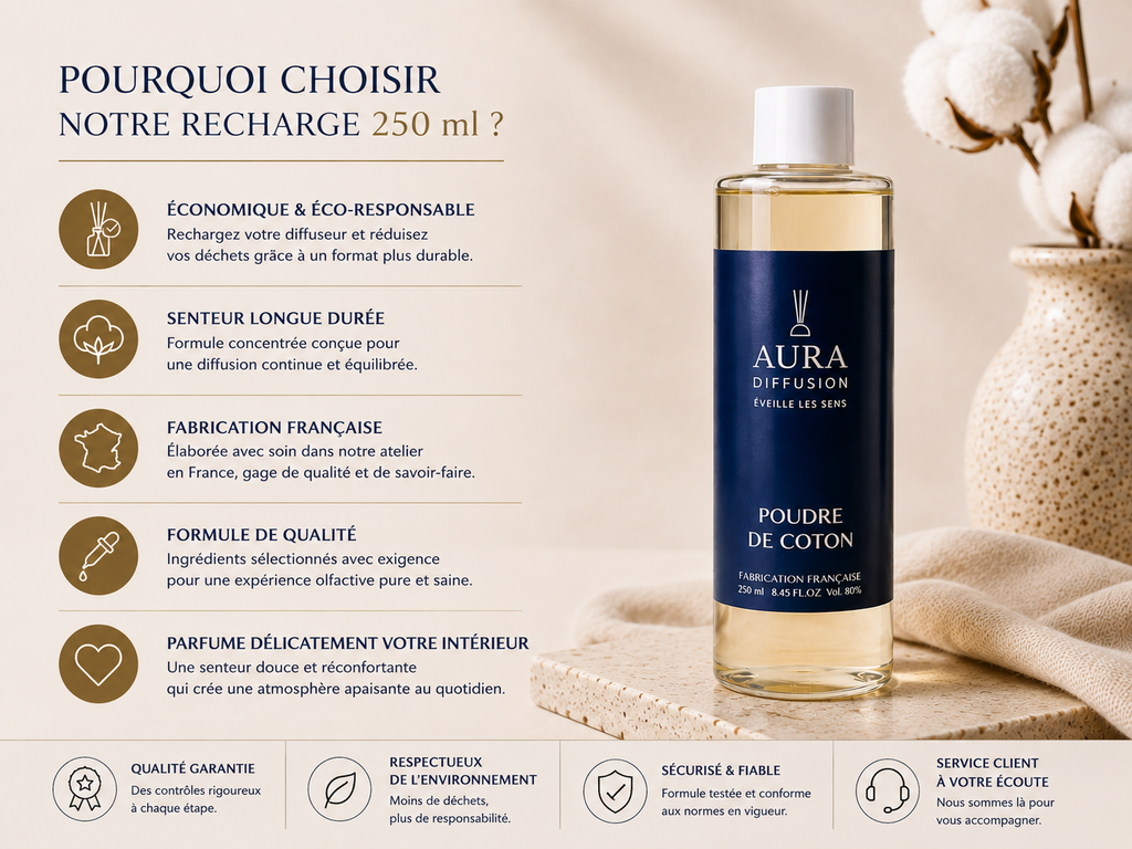 Recharge diffuseur Poudre de Coton 250 ml Aura Diffusion, parfum interieur longue duree pour remplir un diffuseur a batonnets