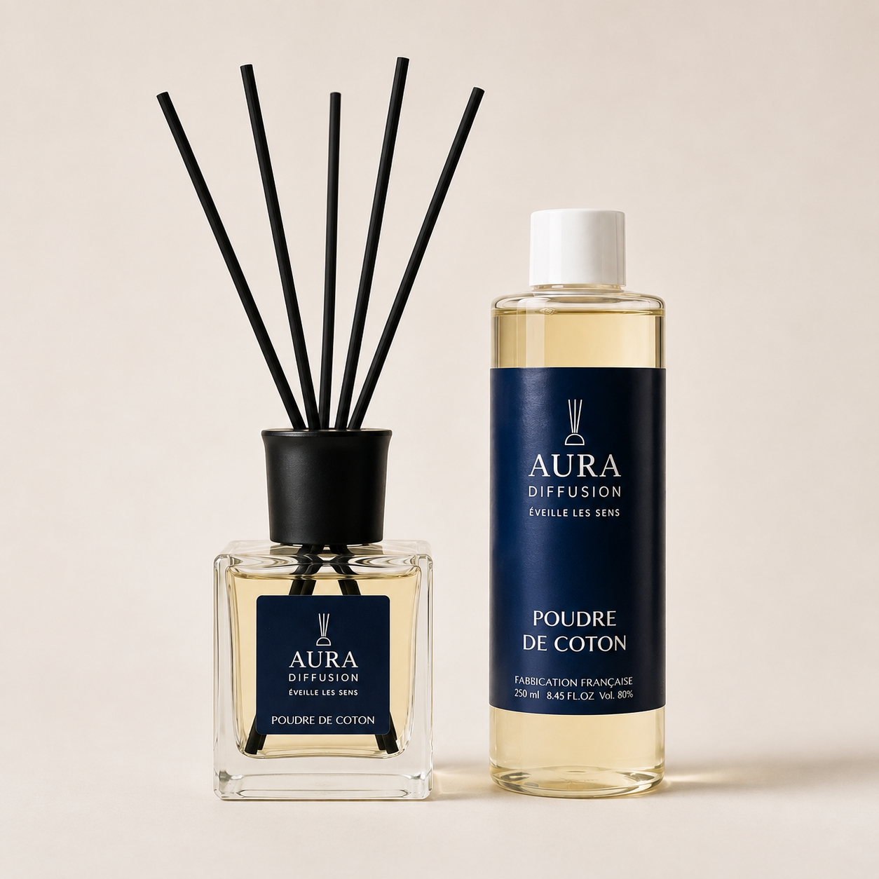 Recharge Poudre de Coton 250 ml Aura Diffusion presentee avec diffuseur a batonnets, parfum interieur pour la maison