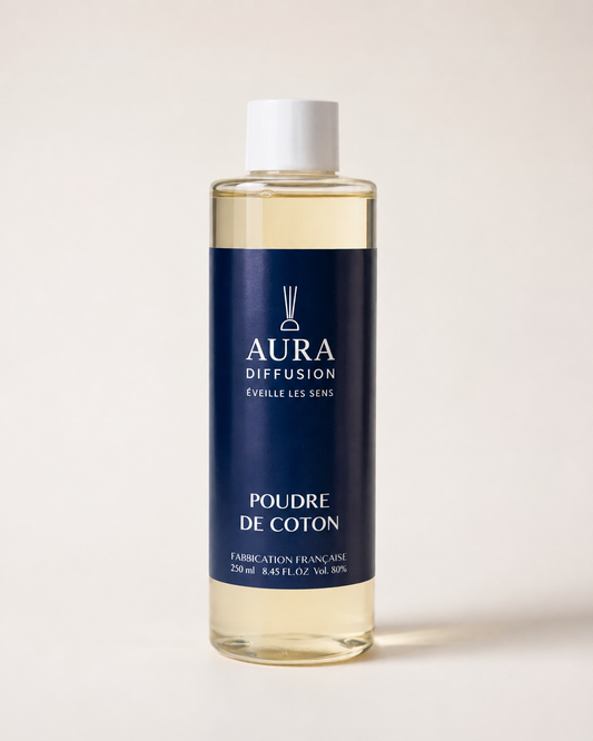 Recharge diffuseur Poudre de Coton 250 ml Aura Diffusion, parfum interieur et parfum maison pour diffuseur a batonnets