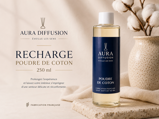 Recharge parfum interieur Poudre de Coton 250 ml Aura Diffusion, parfum de Grasse pour diffuseur a batonnets