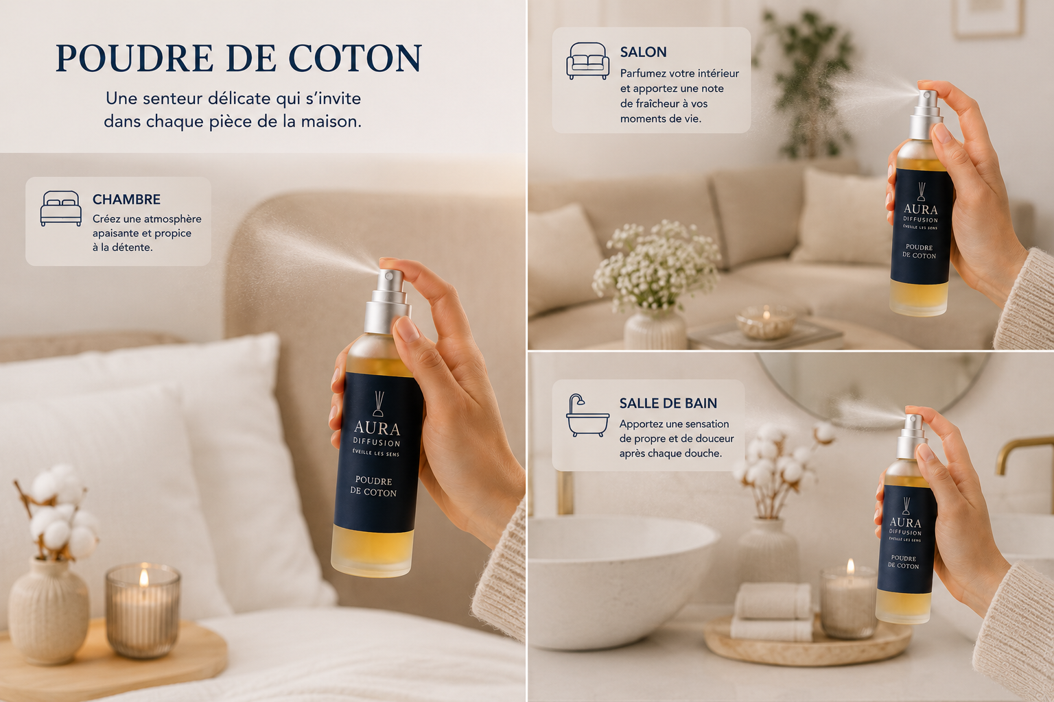 Spray parfum interieur Poudre de Coton pour les pieces de la maison