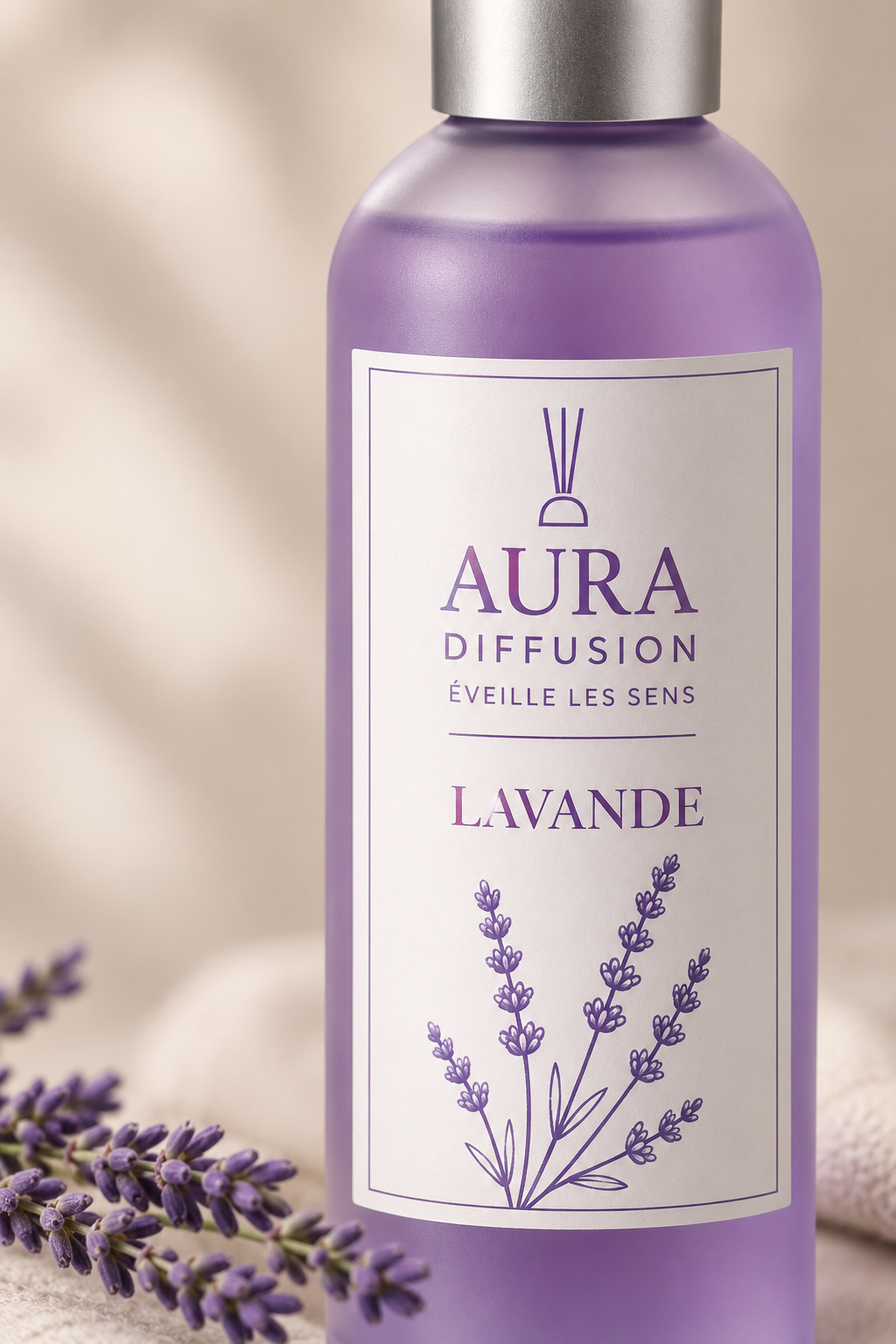 Gros plan du spray parfume Lavande 100 ml Aura Diffusion, vaporisateur interieur aux notes de lavande