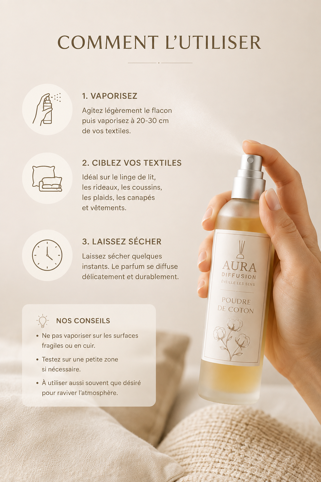 Vaporisateur Poudre de Coton 100 ml en utilisation, spray parfum pour interieur et textiles