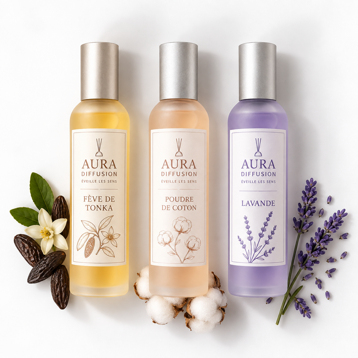 Trio de vaporisateurs Aura Diffusion Coton, Lavande et Fève de Tonka accompagné de coton, lavande et fèves de tonka