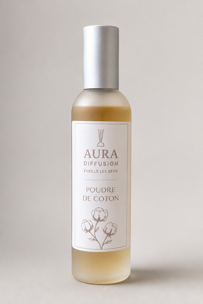 Vaporisateur interieur Poudre de Coton 100 ml Aura Diffusion, spray parfum pour la maison